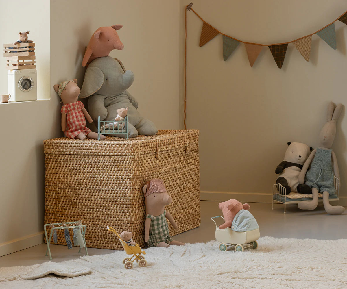 Children's room with wicker basket, plush toys, and decorative elements. | Maileg UK