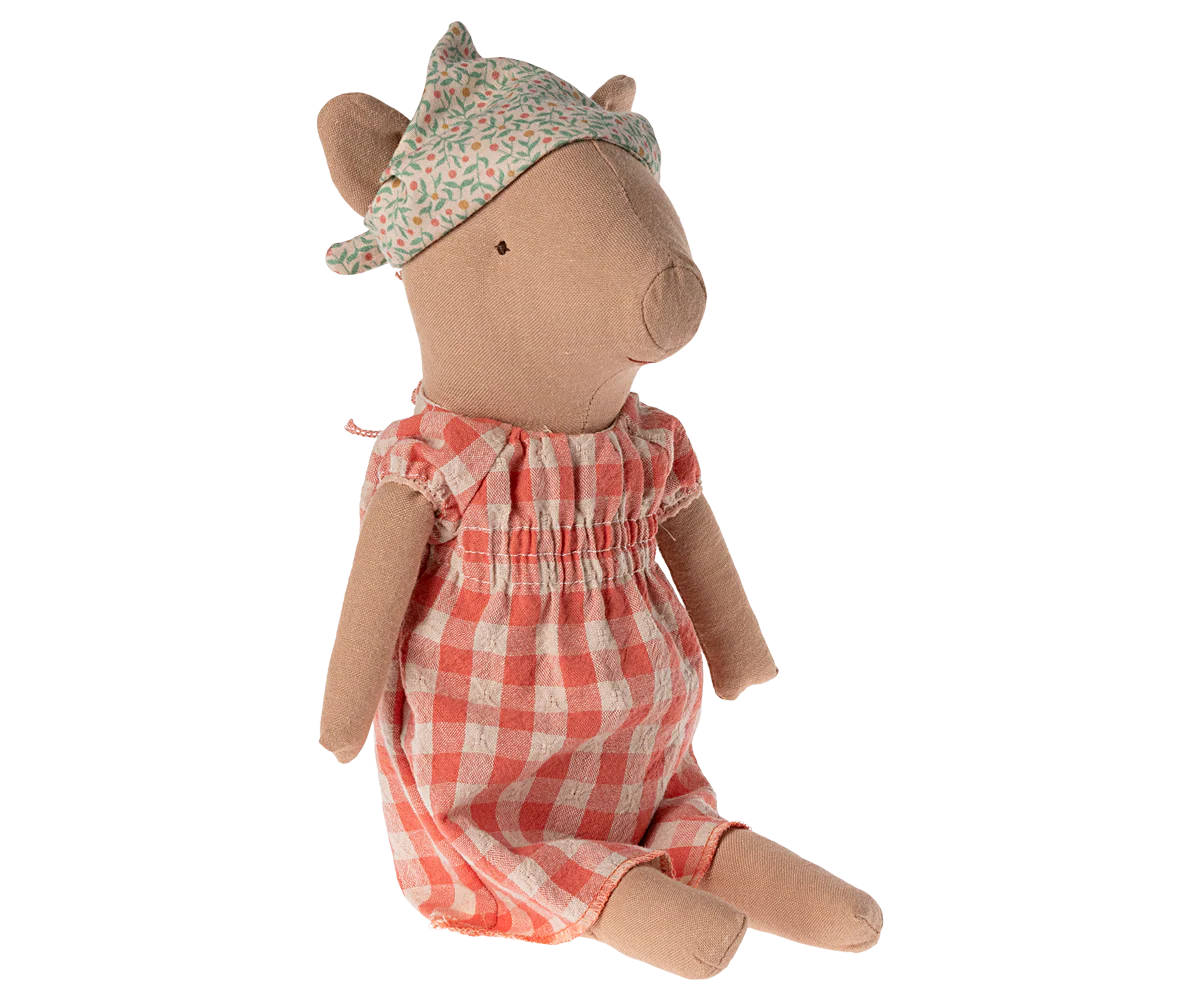 Stuffed animal toy dressed in a red checkered dress and floral hat on a white background | Maileg UK