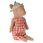 Stuffed animal toy dressed in a red checkered dress and floral hat on a white background | Maileg UK