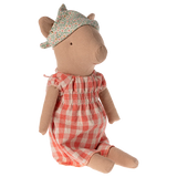 Stuffed animal toy dressed in a red checkered dress and floral hat on a white background | Maileg UK