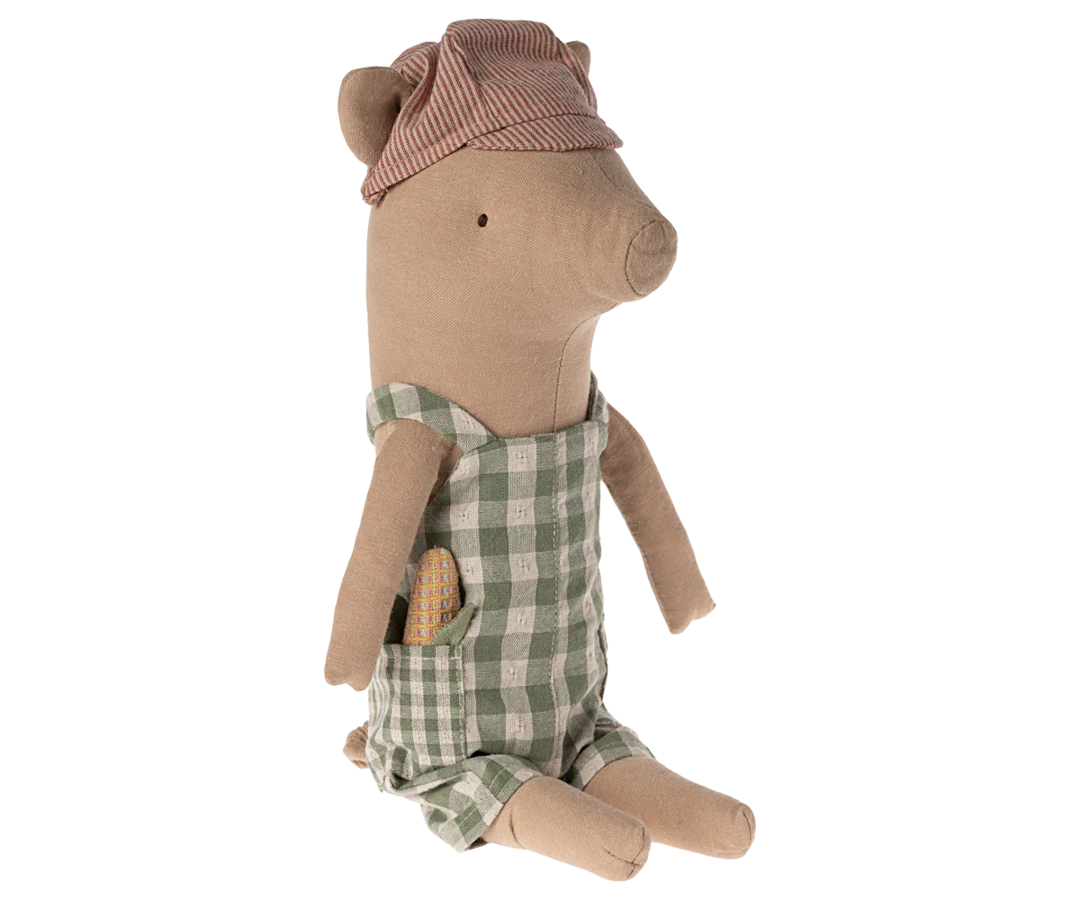 Stuffed toy bear wearing a checkered outfit and hat on a white background | Maileg UK