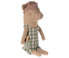 Stuffed toy bear wearing a checkered outfit and hat on a white background | Maileg UK
