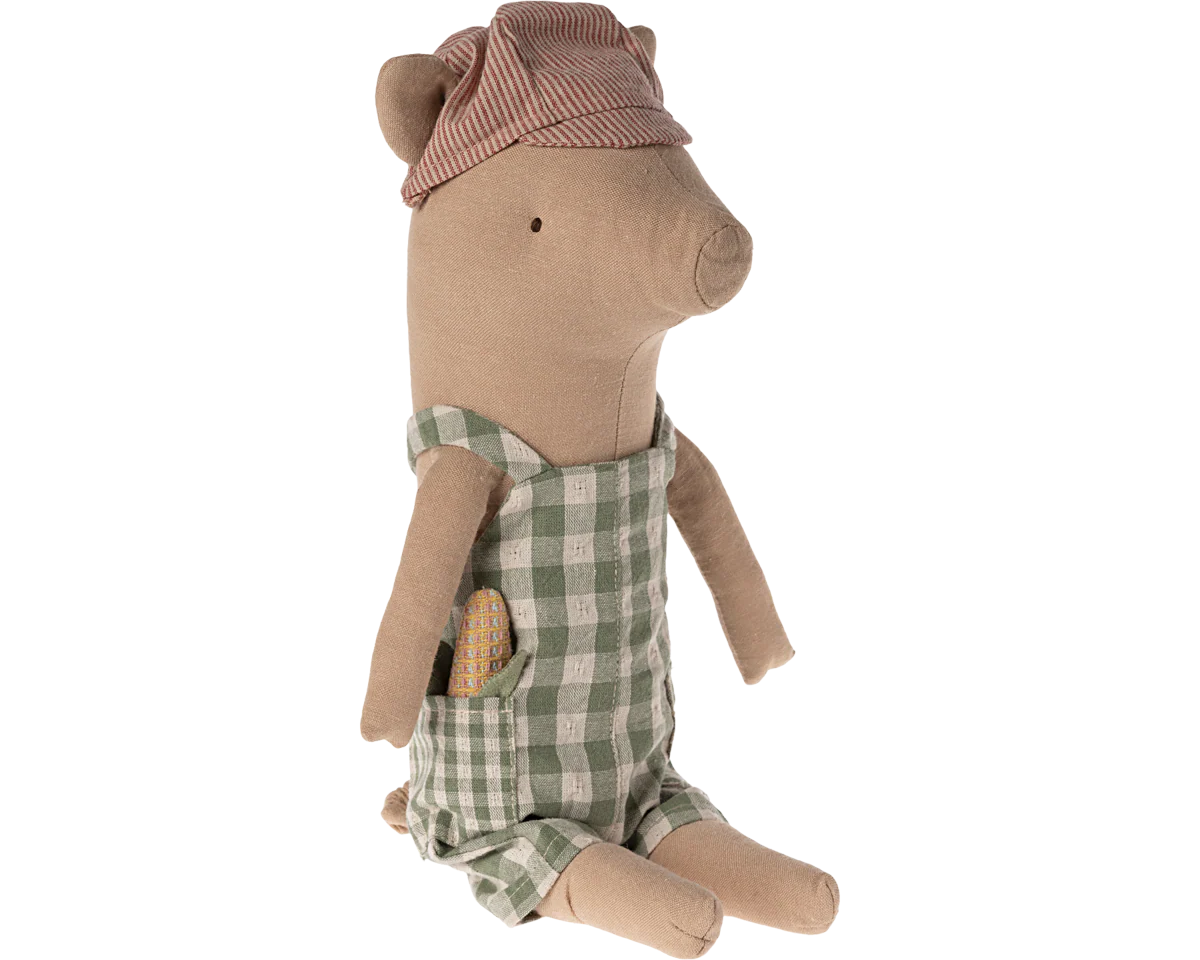 Stuffed toy bear wearing a checkered outfit and hat on a white background | Maileg UK