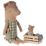 Stuffed animal in a checkered outfit with a smaller animal in a crate on a white background | Maileg UK