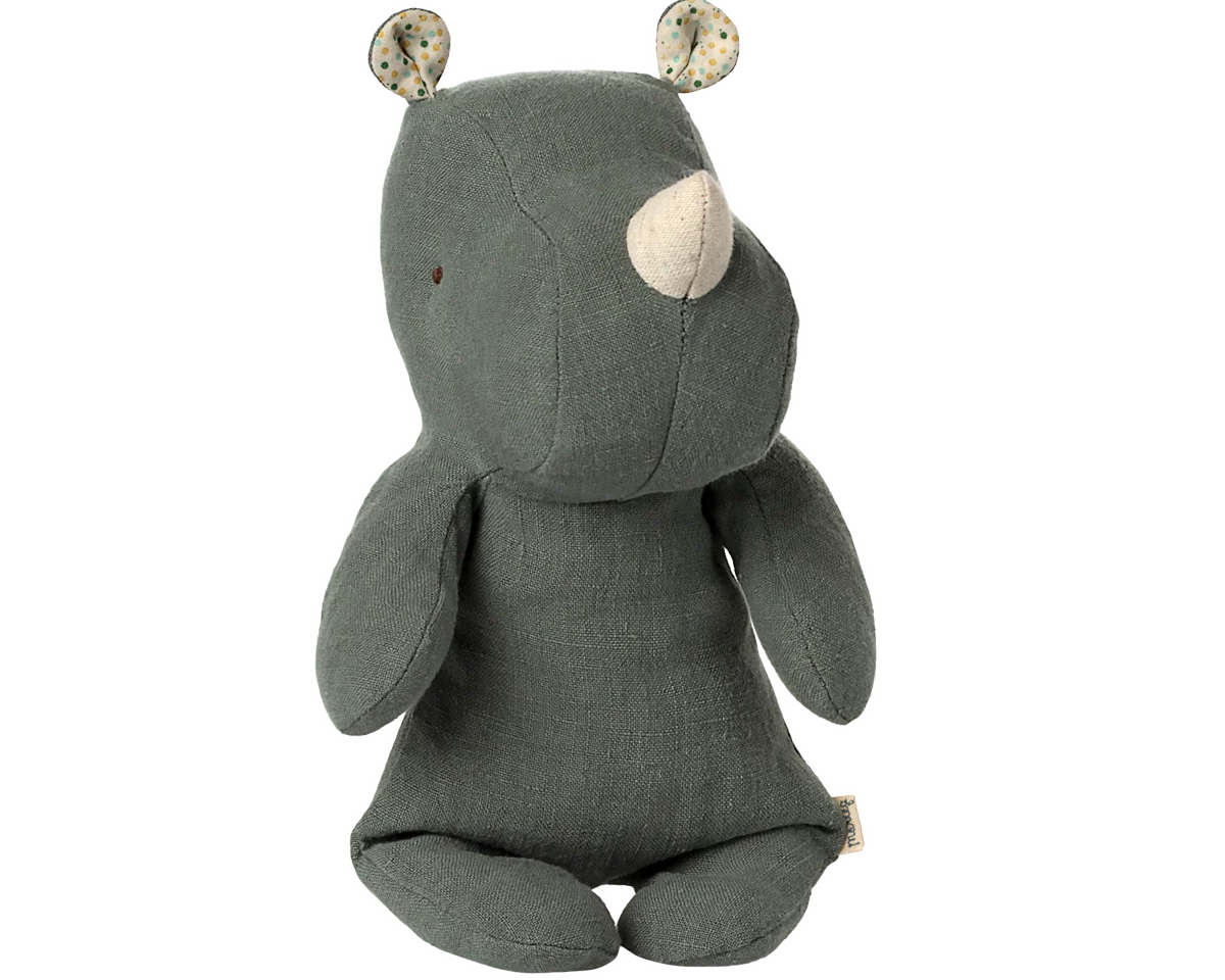 Gray plush toy with animal ears on a white background |Safari friends, Rhino, Small - Pine | Maileg UK