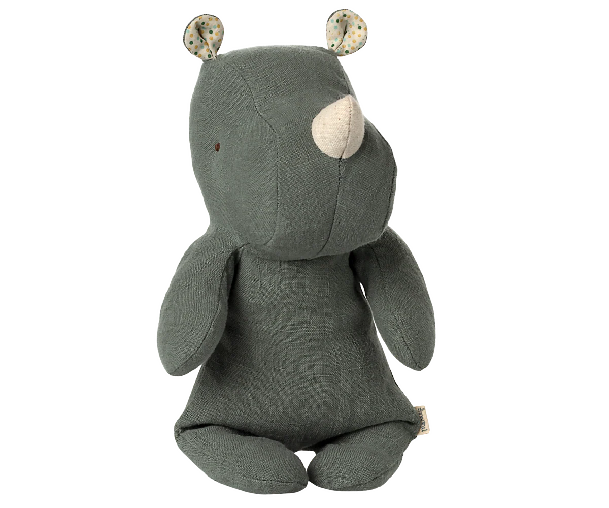 Gray plush toy with animal ears on a white background |Safari friends, Rhino, Small - Pine | Maileg UK