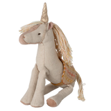 A small plush unicorn toy with a golden horn and a saddle, predominantly in beige and white colors.