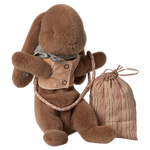 Brown plush bunny with a backpack and striped bag on a white background |Sleeping bunny supply, Harness | Maileg UK