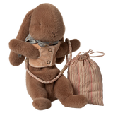 Brown plush bunny with a backpack and striped bag on a white background |Sleeping bunny supply, Harness | Maileg UK