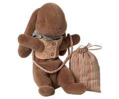 Brown plush bunny with a backpack and striped bag on a white background |Sleeping bunny supply, Harness | Maileg UK
