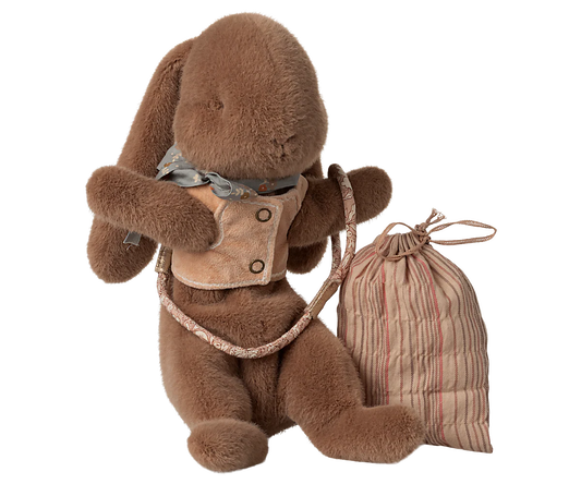 Brown plush bunny with a backpack and striped bag on a white background |Sleeping bunny supply, Harness | Maileg UK