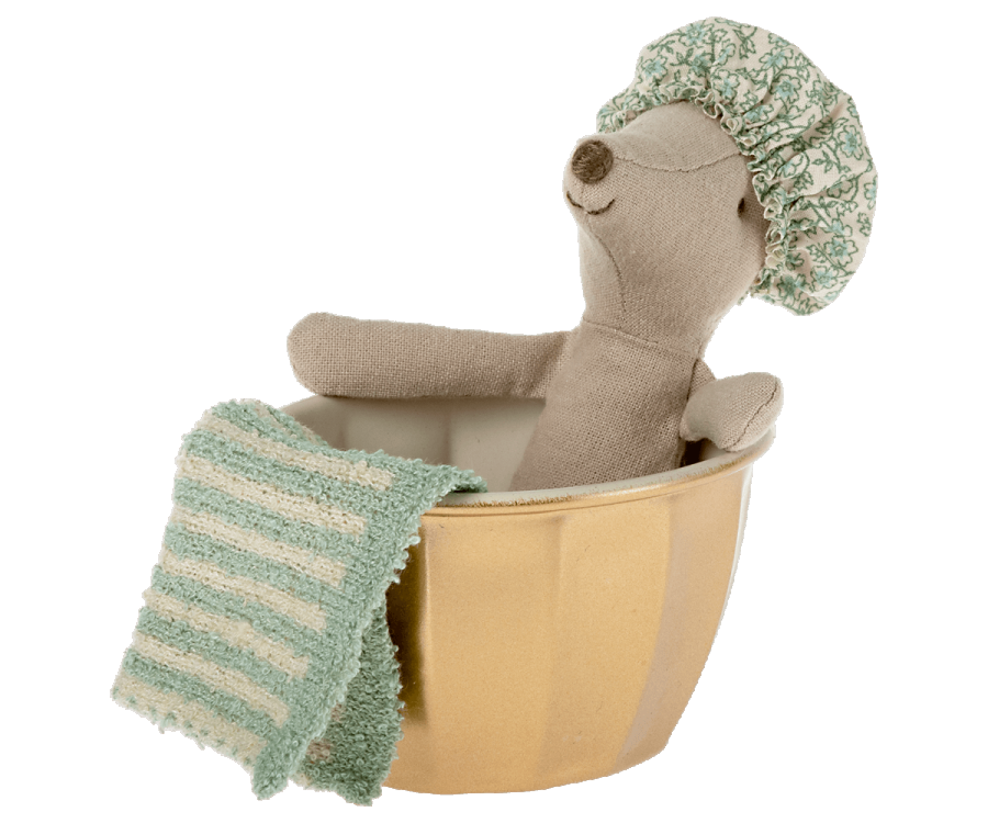 Maileg Wellness Mouse in her metal tub with shower cap and towel | Collectable Heirloom Toys