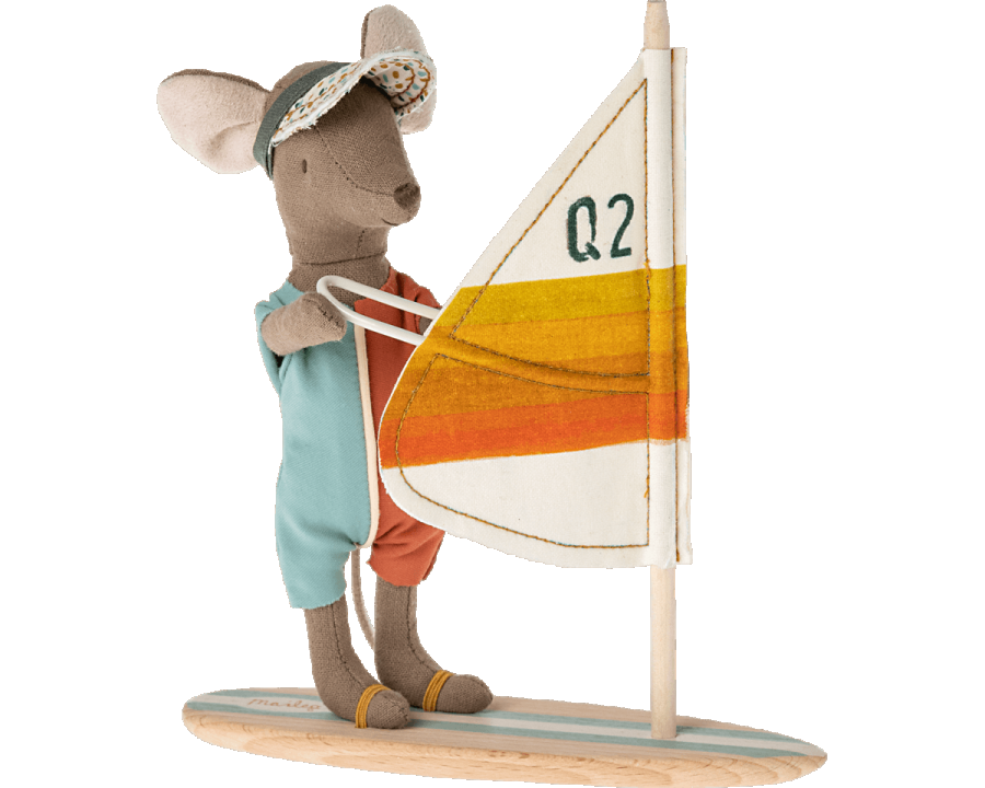Maileg Surfer Beach mouse on his wakeboard with orange stripes on the sail and a wooden board with blue stripes. His hands are magnetic to hold on to the sail.
