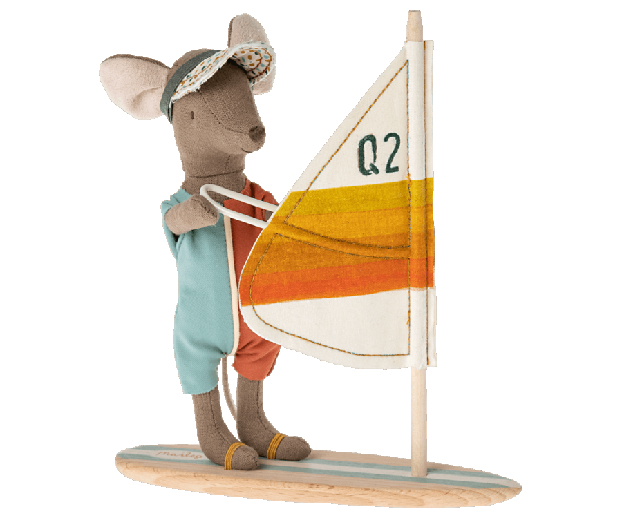 Maileg Surfer Beach mouse on his wakeboard with orange stripes on the sail and a wooden board with blue stripes. His hands are magnetic to hold on to the sail.