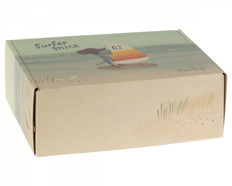 Surfer Mice Packaging cardboard box with maileg illustration of surfer mouse at the beach | collectable dollhouse miniatures