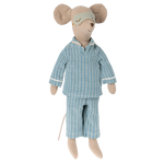 Maileg Mouse in his blue stripe pyjammas and sleep mask | Collectable Heirloom Toys