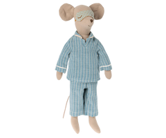 Maileg Mouse in his blue stripe pyjammas and sleep mask | Collectable Heirloom Toys