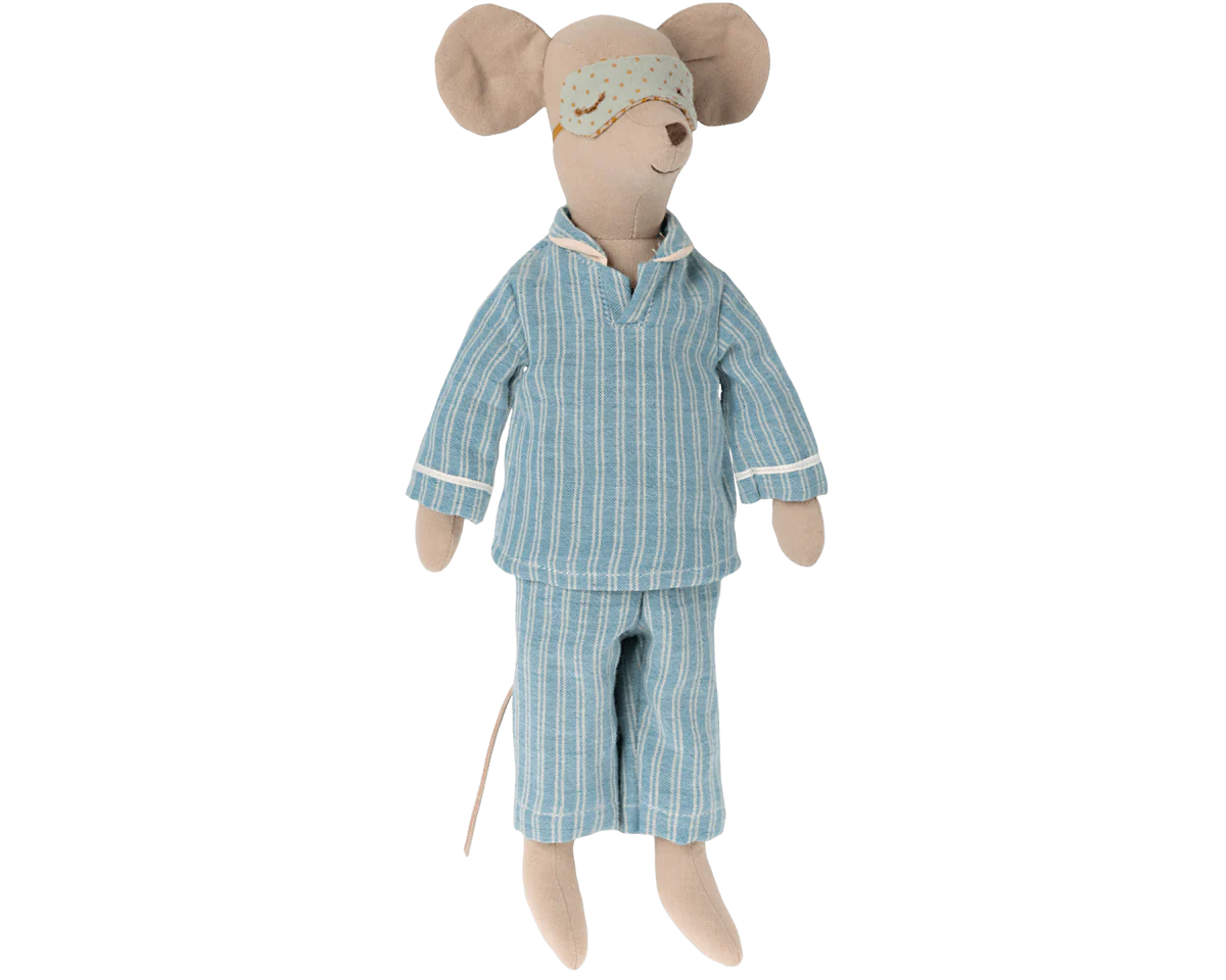 Maileg Mouse in his blue stripe pyjammas and sleep mask | Collectable Heirloom Toys