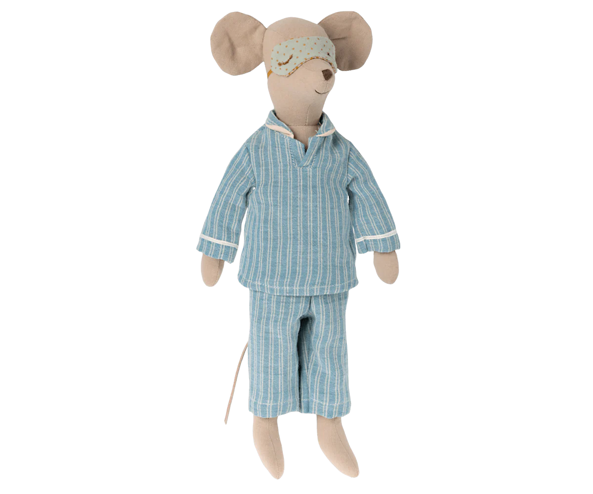 Maileg Mouse in his blue stripe pyjammas and sleep mask | Collectable Heirloom Toys