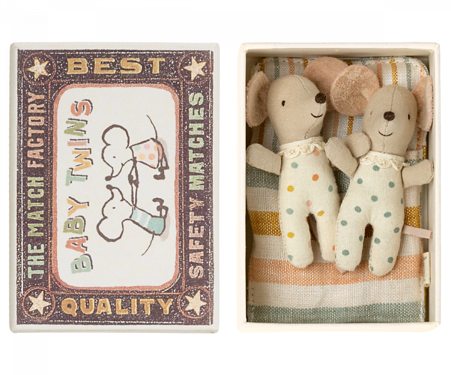 Maileg baby twin mice in their matchbox bed complete with blanket. Collectable toys