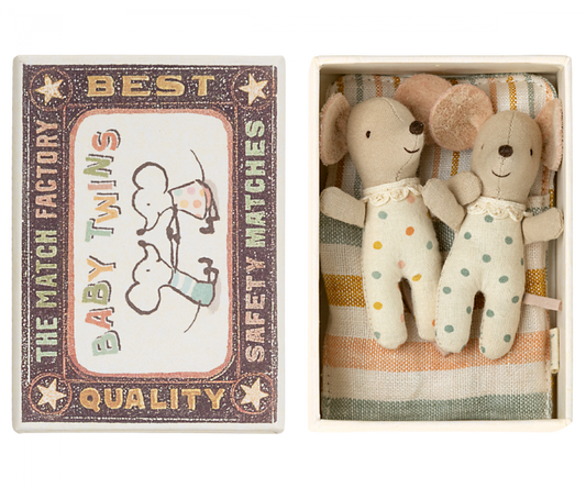 Maileg baby twin mice in their matchbox bed complete with blanket. Collectable toys