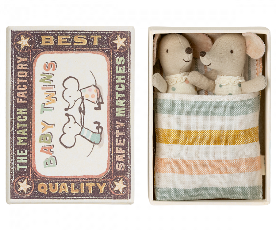 Maileg baby twins tucked up in their matchbox bed. Collectable heirloom toys