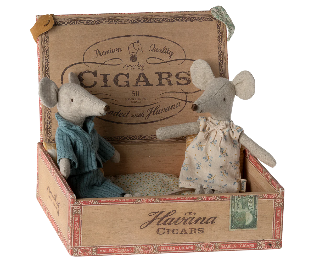 Maileg Mum and Dad mouse in their cigar box bed | Collectable Heirloom Toys