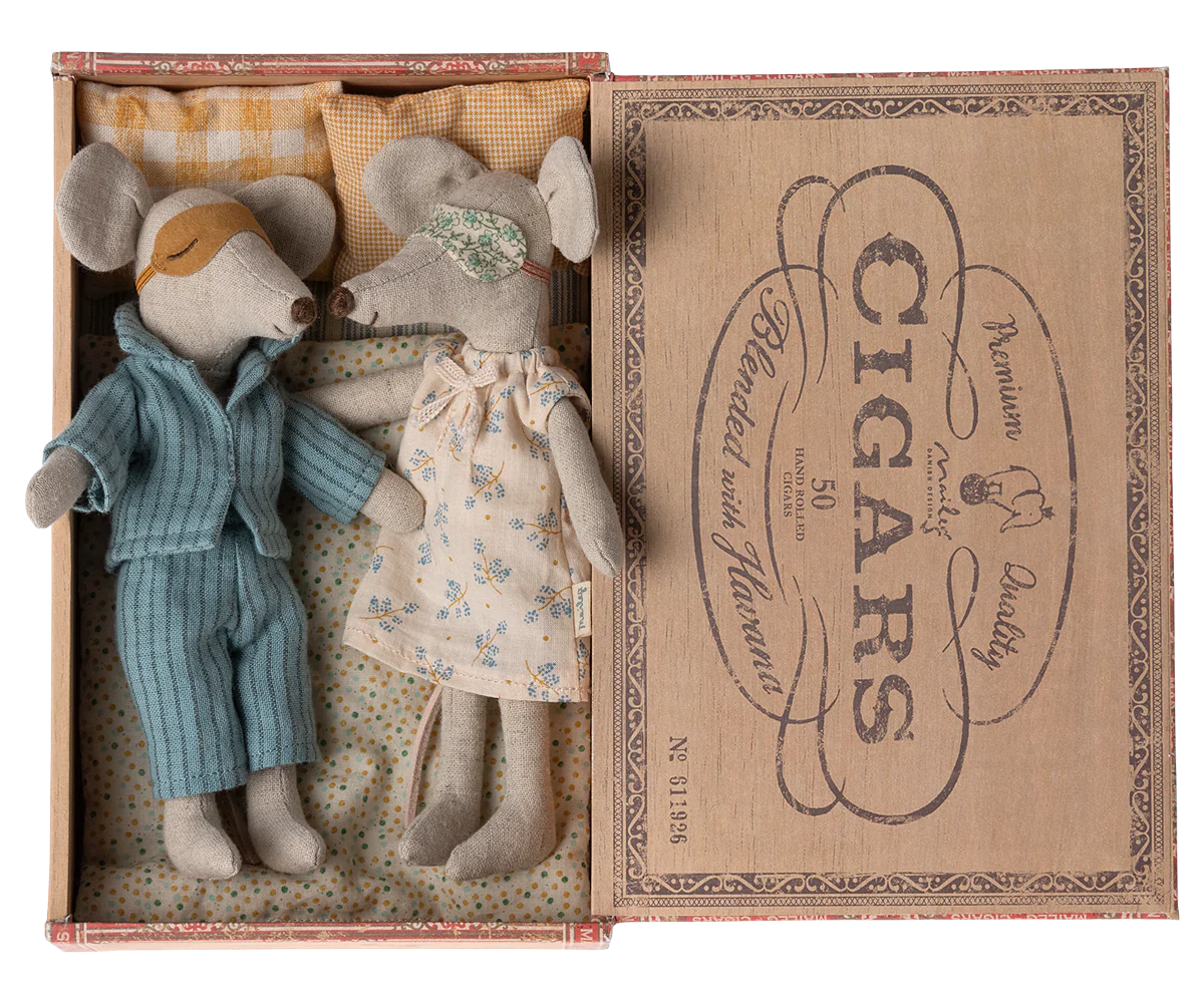 Maileg Mum and Dad mouse in their cigar box bed | Collectable Heirloom Toys