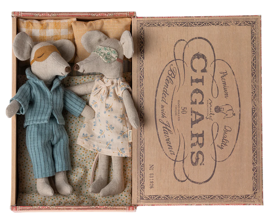 Maileg Mum and Dad mouse in their cigar box bed | Collectable Heirloom Toys