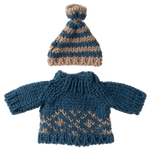 Knitted blue and brown sweater with matching hat on a white background