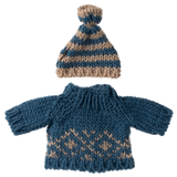 Knitted blue and brown sweater with matching hat on a white background