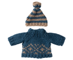 Knitted blue and brown sweater with matching hat on a white background