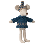 Stuffed mouse toy wearing a blue sweater and knitted hat on a white background
