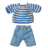 Knitted blue and white striped sweater with matching denim shorts on a white background