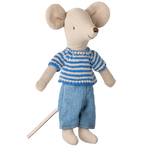 Stuffed toy mouse wearing a blue striped shirt and shorts on a white background