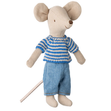 Stuffed toy mouse wearing a blue striped shirt and shorts on a white background
