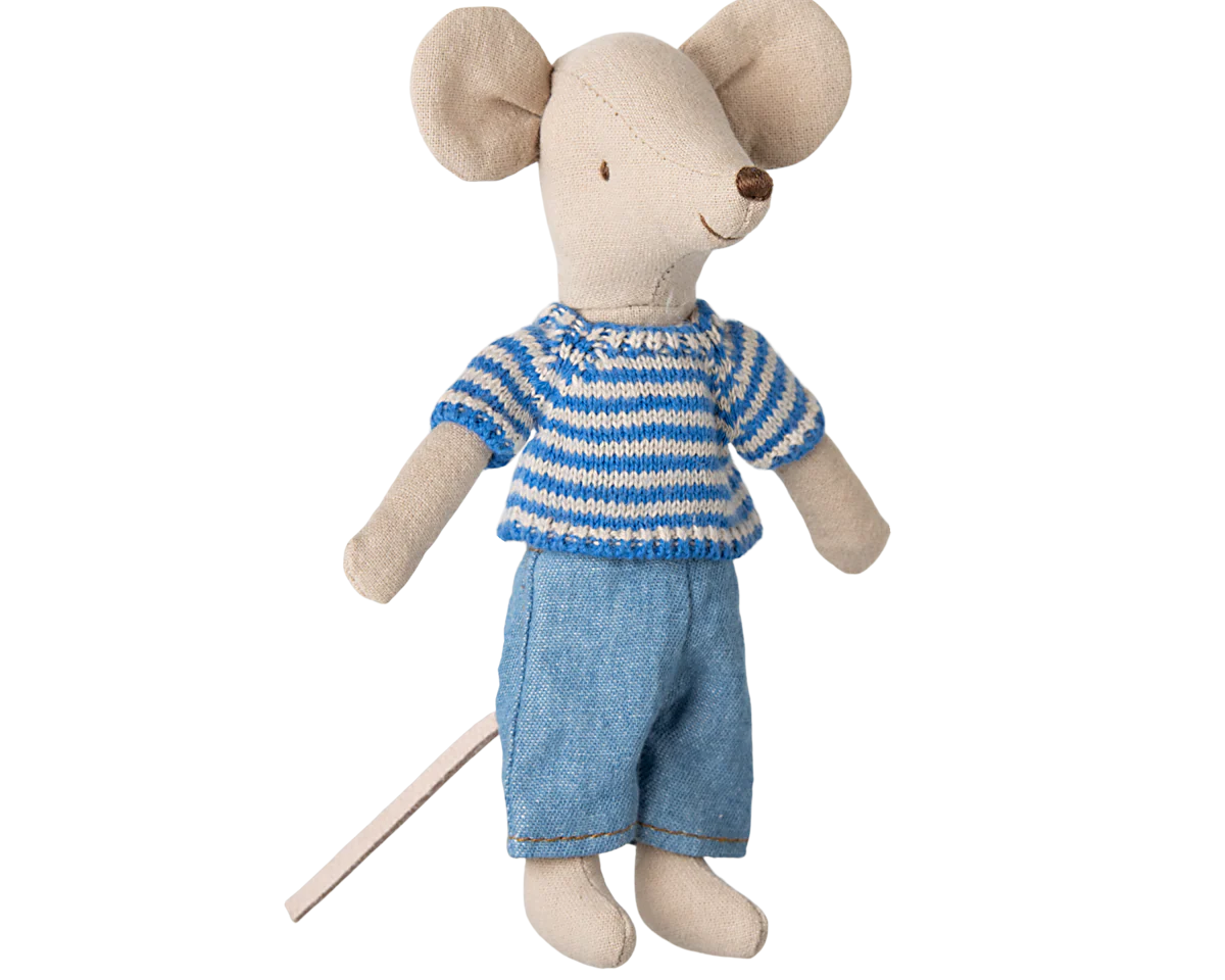 Stuffed toy mouse wearing a blue striped shirt and shorts on a white background