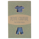 Box with cut-out shapes of a striped shirt and shorts, labeled 'Petite Couture big brother mouse'.
