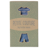 Box with cut-out shapes of a striped shirt and shorts, labeled 'Petite Couture big brother mouse'.