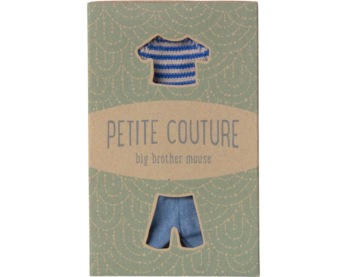 Box with cut-out shapes of a striped shirt and shorts, labeled 'Petite Couture big brother mouse'.
