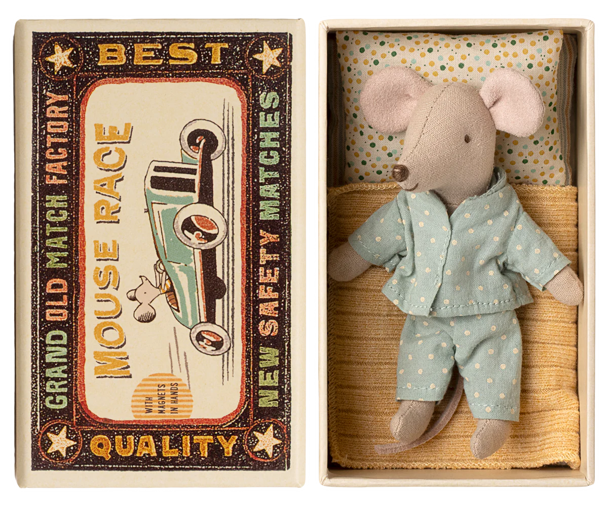 Stuffed mouse toy in a matchbox with a vintage-style matchbox design. | Maileg UK