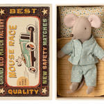 Stuffed mouse toy in a matchbox with a vintage-style matchbox design. | Maileg UK