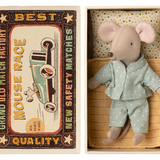 Stuffed mouse toy in a matchbox with a vintage-style matchbox design. | Maileg UK