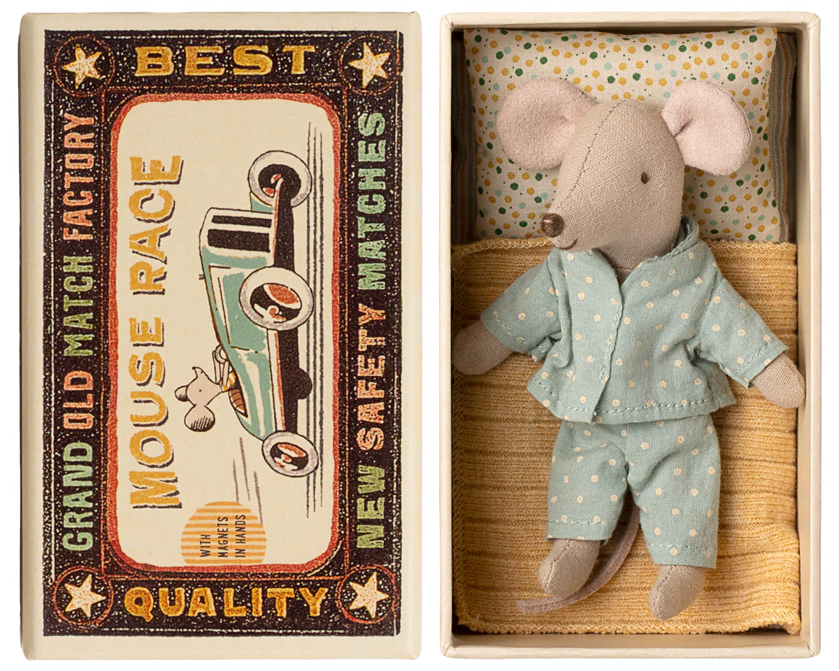 Stuffed mouse toy in a matchbox with a vintage-style matchbox design. | Maileg UK
