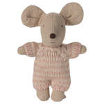 Stuffed mouse toy with a knitted pink sweater on a white background