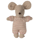 Stuffed mouse toy with a knitted pink sweater on a white background