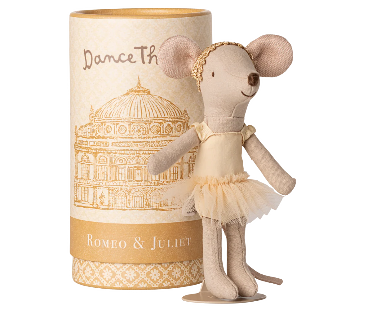 Stuffed mouse doll in a tutu dress next to a cylindrical box with decorative design and text.  Maileg UK