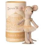 Stuffed mouse doll in a tutu dress next to a cylindrical box with decorative design and text.  Maileg UK