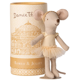 Stuffed mouse doll in a tutu dress next to a cylindrical box with decorative design and text.  Maileg UK