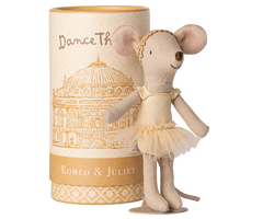Stuffed mouse doll in a tutu dress next to a cylindrical box with decorative design and text.  Maileg UK